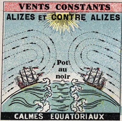 Meteorologie: stálý vítr. Alizes, proti alizes, zóny klidu rovníkové (hrnec v černé barvě). Anonymní ilustrace z roku 1925. Soukromá sbírka. od Anonymous Anonymous