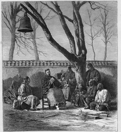 Misionář vyučující katolickou nauku v provincii Henan (Ho Nan, Ho-Nan), Čína. Rytina v „Katolické misie v XIX. století“ od Louis-Eugene (Louis Eugene) Louveta. soukromá sbírka. od Anonymous Anonymous