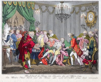 Mort de Gustave III de Suede (1746-1792) - Atentát na krále Gustava III dne 16. března 1792 - Anonym - 1792 - Lept, akvarel - 33,5x46,3 - Soukromá sbírka od Anonymous Anonymous