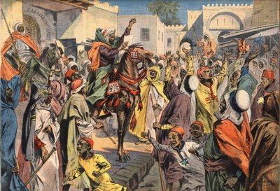 Mouley Hafid (Moulay-Hafid) prohlašuje sultána Fezovi: veřejní křiklouni oznamují toto provolání davu. Rytina z novin „“Le Petite Parisien“, 26.1.1908. Soukromá sbírka. od Anonymous Anonymous