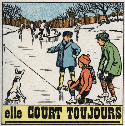 Pohyby: děti si v zimě hrají s míčky na zamrzlém ledu rybníka. Anonymní ilustrace z roku 1925. Soukromá sbírka. od Anonymous Anonymous