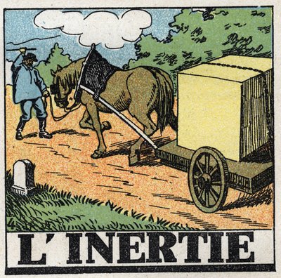 Pohyby: setrvačnost. Povozník dává bičem, aby pohnul koně vpřed. Anonymní ilustrace z roku 1925. Soukromá sbírka. od Anonymous Anonymous