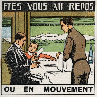 Pohyby: scéna v restauraci vlaku, kde se cestující při pohybu vlaku nepohybují. Anonymní ilustrace z roku 1925. Soukromá sbírka. od Anonymous Anonymous