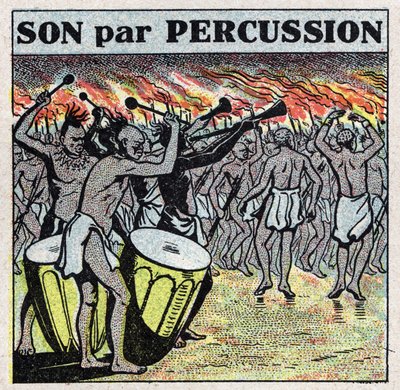 Hudební nástroje: perkuse v africké vesnici. Anonymní ilustrace z roku 1925. Soukromá sbírka. od Anonymous Anonymous