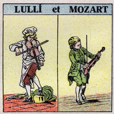 Hudební nástroje: třené strunné nástroje. Jean Baptiste Lully (Giovanni Battista Lulli) (1632-1687) a Wolfang Amadeus Mozart (1756-1791) hrající na housle. Anonymní ilustrace z roku 1925. Soukromá sbírka. od Anonymous Anonymous