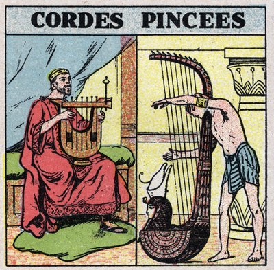 Hudební nástroje: strunné nástroje upnuté. Hráči na lyru a harfu v Antiquite. Anonymní ilustrace z roku 1925. Soukromá sbírka. od Anonymous Anonymous