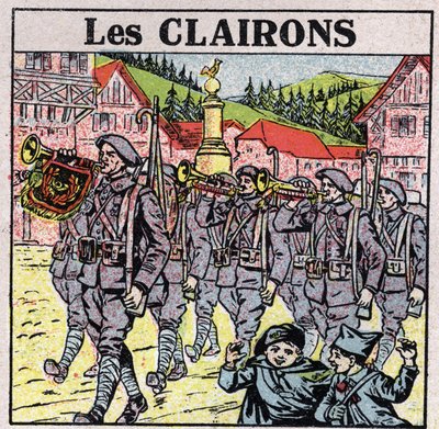 Hudební nástroje: dechové nástroje se zavařovacím ústím. Hráči polnice během vojenského běhu. Anonymní ilustrace z roku 1925. Soukromá sbírka. od Anonymous Anonymous