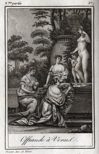 Nabídněte Venuši. Malé lásky (angeloti) se shromažďují, aby vzdali hold bohyni Afroditě. Rytina z roku 1819 v „Lettres a Emilie sur la mythologie“ od Charlese Alberta Demoustiera (1760-1801). Soukromá sbírka. od Anonymous Anonymous