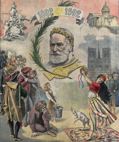 Jeden z „Le petit journal““, který vzdává hold francouzskému básníkovi a spisovateli Victoru Hugovi (1802–1885) ke stému výročí jeho narození. Zastoupeny jsou postavy jeho románů (Esmeralda, Quasimodo, Cosette). 2.3.1902 Soukromá sbírka od Anonymous Anonymous