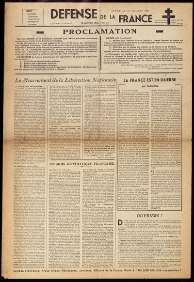 Jeden z tajných novin „“ Défense de France““ z 15.1.1944 od Anonymous Anonymous