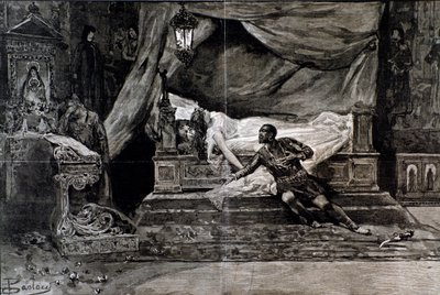 Otello se zabije poblíž těla Desdemony. Ilustrace poslední scény Otello, opera Giuseppe Verdiho od Anonymous Anonymous