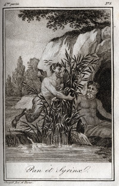 Pan a nymfa Syrinx se proměnili v rákosí (Pan a Nymph Syrinx). Rytina z roku 1819 v „Lettres a Emilie sur la mythologie“ od Charlese Alberta Demoustiera (1760-1801). Soukromá sbírka. od Anonymous Anonymous