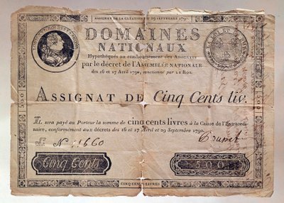 Papír vydaný během francouzské revoluce: přidělení 500 liber z roku 1790. Soukromá sbírka od Anonymous Anonymous