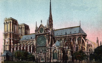 Paříž: vnější pohled na Cathedrale Notre Dame (Notre-Dame), jižní strana. gotická architektura. Fotografie z roku 1920 v „Uměleckém albu“ města Paříže. Soukromá sbírka. od Anonymous Anonymous