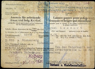 Pas z druhé světové války, „Pas“ pro francouzského a belgického generálního ředitele, kteří pracují, 25. 9. 1944. od Anonymous Anonymous