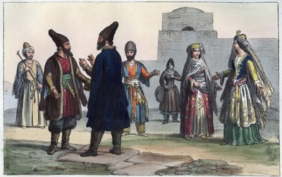 Oblečení Peršanů v 19. století - rytina z „“ Use and Customs of All Peoples of the Universe. Tedy Dějiny vlády, zákonů, milicí, náboženství všech národů od nejvzdálenějších dob až po současnost „1856 od Anonymous Anonymous
