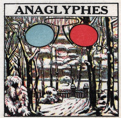 Fotografie: anaglyf je obrázek vytištěný tak, aby byl viděn v reliéfu pomocí dvoubarevných brýlí. Anonymní ilustrace z roku 1925. Soukromá sbírka. od Anonymous Anonymous