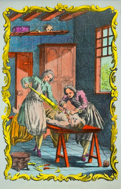 Lékař studující pohyb krve: frontispis „paměti o pohybu krve a účincích krvácení“ od Albrechta von Hallera (1708-1777) 1756, soukromá sbírka od Anonymous Anonymous