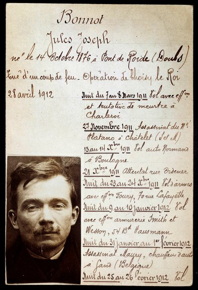 Policejní list zločince Julese Bonnota (1876-1912) (Bonnot band) se seznamem zločinů od Anonymous Anonymous