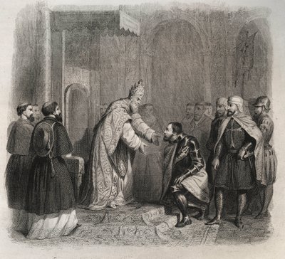 Papež sv. Pius V. (Pius nebo Pio) (1566-1572) přijímající vítěze bitvy u Lepante. Rytina z roku 1846 v „Životech svatých““. Soukromá sbírka. od Anonymous Anonymous
