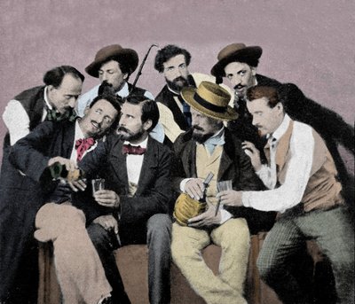 Portrétní skupina umělců (Macchiaioli) ve Florencii: mezi nimi nahoře zleva doprava Gaetano Bianchi, Cristiano Banti, Vito d