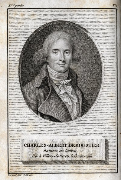 Portrét Charlese Alberta Demoustiera (1760-1801), francouzského spisovatele. Rytina z roku 1819 v „Lettres a Emilie sur la mythologie“ od Charlese Alberta Demoustiera (1760-1801). Soukromá sbírka. od Anonymous Anonymous