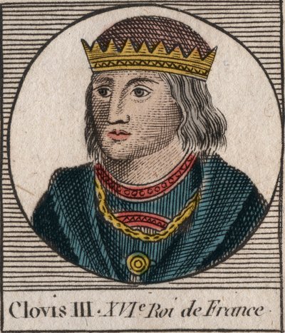 Portrét Clovise III., krále franků v letech 691 až 695 - CLOVIS III. Merovejský král Neustrije a Austrasie - rytina z „Instruction sur l