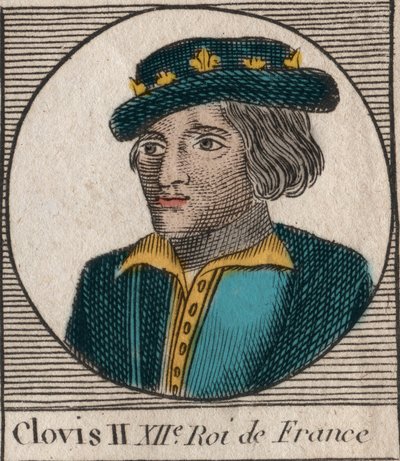 Portrét Chlodvíka II., krále franků (v.633-657) - Chlodvíka II. (asi 634-657), merovejského franského krále Neustrije a Burgundska (639-657) - rytina z “” Instruction sur l