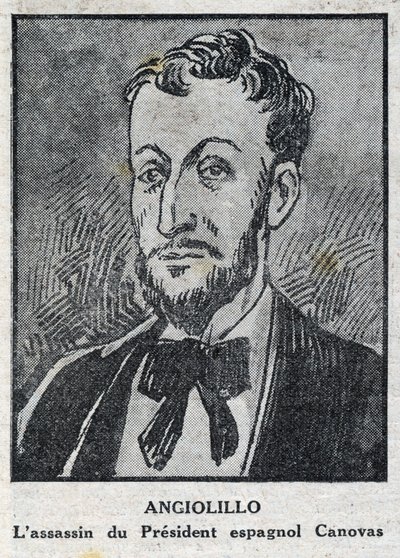 Portrét Michele Angiolillo Lombardi dit Jose Sants nebo Rinaldini, italský anarchista (1871-1897) atentátník na prezidenta Španělské rady Antonia Canovas del Castillo (1828-1897). Rytina do „“L