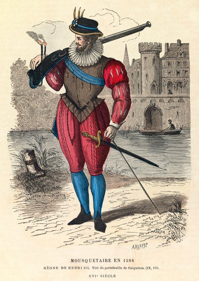Portrét mušketýra v roce 1586 v Paříži (za vlády krále Jindřicha III.), rytina, soukromá sbírka - Mušketýr v Paříži od Anonymous Anonymous