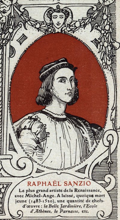 Portrét italského renesančního malíře Raphaela (Raffaello Sanzio 1483-1520). Rytina z roku 1914. Soukromá sbírka. od Anonymous Anonymous