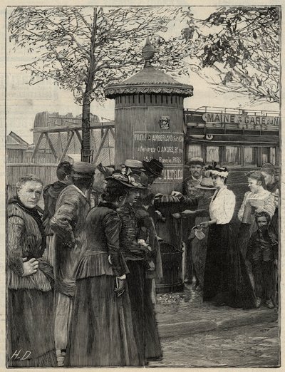 Veřejná hygiena: obyvatelé Paříže používají jednu z vodních fontán instalovaných v 15. obvodu. Tyto fontány mají filtr systému Chamberland Pasteur. Rytina v „Le monde illustree““ z roku 1892. Soukromá sbírka. od Anonymous Anonymous
