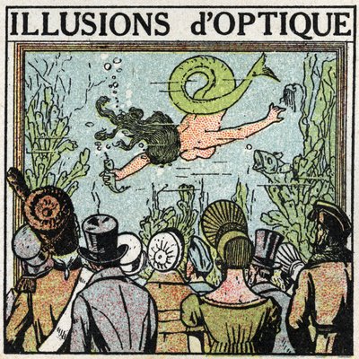 Odraz světla: optický klam. Použití zmrzliny k vytvoření iluze ženy ryby. Anonymní ilustrace z roku 1925. Soukromá sbírka. od Anonymous Anonymous