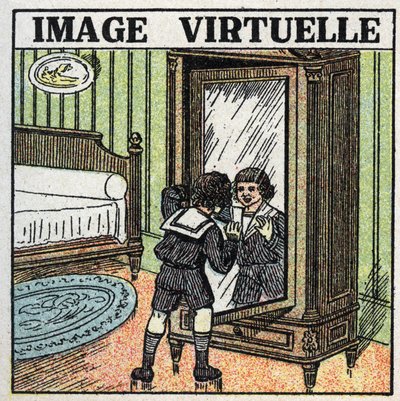 Odraz světla: virtuální obraz. Dítě uvažuje o svém odrazu v zrcadle. Anonymní ilustrace z roku 1925. Soukromá sbírka. od Anonymous Anonymous