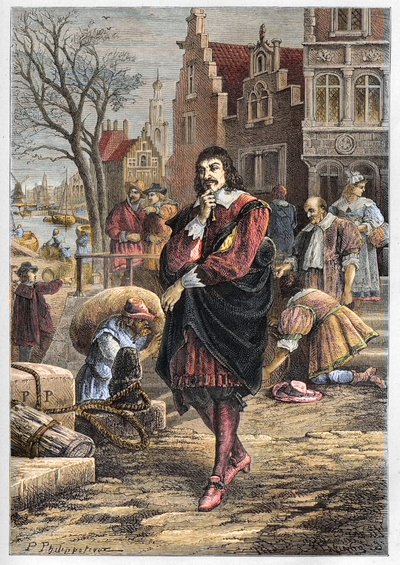 René Descartes (1596-1650), francouzský filozof a matematik procházející ulicemi Amsterdamu - Descartes v Amsterdamu - rytina z "" L