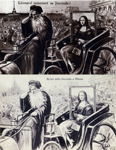 Reprezentace Leonarda de Vinci (Leonardo da Vinci) (1452-1519) přinášející zpět jeho dílo „Mona Lisa““ (Mona Lisa, Monna Lisa) po krádeži díla Vincenzem Peruggiem (1881-1925), ke které došlo dne 21.8.1911. Komedie pohlednice od Anonymous Anonymous