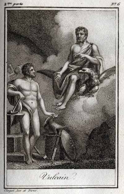 Reprezentace Vulcana, boha ohně, kovárny a sopek. (Vulkán, bůh ohně a sopek). Rytina z roku 1819 v „Lettres a Emilie sur la mythologie“ od Charlese Alberta Demoustiera (1760-1801). Soukromá sbírka. od Anonymous Anonymous