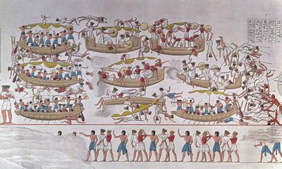 Znázornění bitvy u delty Nilu mezi Armees of Ramses III a národy moře“ Od reliéfu k pohřebnímu chrámu Medinet Habou, Egypt od Anonymous Anonymous