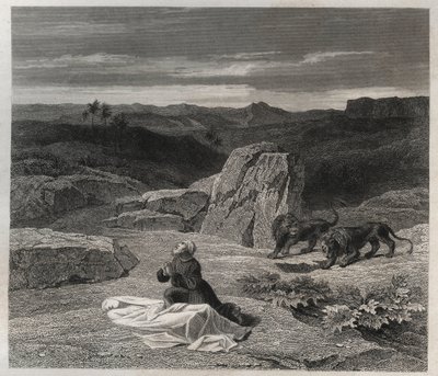 Svatý Antonín Abbe (Svatý Antonín Veliký (250/251-356) (nebo Svatý Antonín Poustevník) pohřbil svatého Pavla Thébského v poušti, rytina z roku 1846 v „Životech svatých“ Soukromá sbírka. od Anonymous Anonymous
