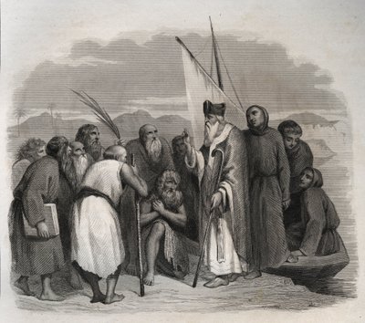 Svatý Athanasius Alexandrijský (Athanasius Veliký) (295-373) na návštěvě egyptských samot. Rytina z roku 1846 v „Životech svatých““. Soukromá sbírka. od Anonymous Anonymous
