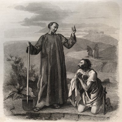 Svatý Benedikt z Nursie vítá Totilu (6. století), krále Ostrogótů. Rytina z roku 1846 v „Životech svatých““. Soukromá sbírka. od Anonymous Anonymous
