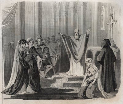 Svatý Dunstan (asi 909-988), předchůdce z Canterbury, benediktin a reformátor mnišského života v Anglii, oznamující lidu svou blížící se smrt. Rytina z roku 1846 v „Životech svatých““. Soukromá sbírka. od Anonymous Anonymous