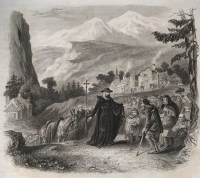 Saint Francois-de-Sales (Saint Francois de Sales) (1567-1622), předvečer Ženevy na pastorační návštěvě. Rytina z roku 1846 v „Životech svatých““. Soukromá sbírka. od Anonymous Anonymous