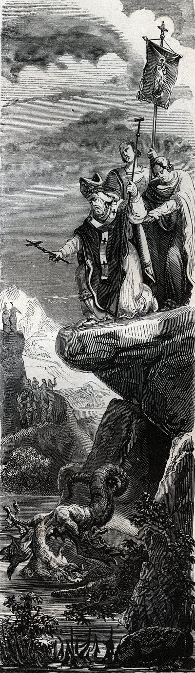 Svatá fronta (první evangelizátor Perigordu) (3. století) srážející draka v Dordogne – rytina z roku 1846 v „“Životech svatých“““. Soukromá sbírka. od Anonymous Anonymous