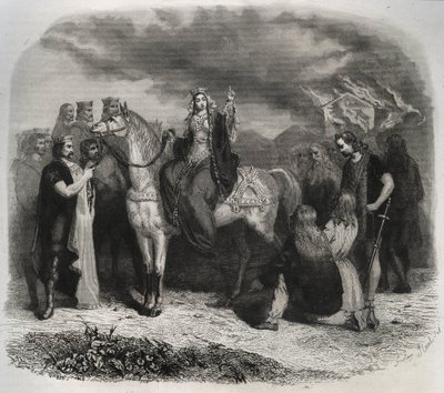 Svatý Radegonde (Radegonde de Poitiers, 519-587) vypálil paianský chrám a obrátil Galy na křesťanské náboženství. Rytina z roku 1846 v „Životech svatých““. Soukromá sbírka. od Anonymous Anonymous