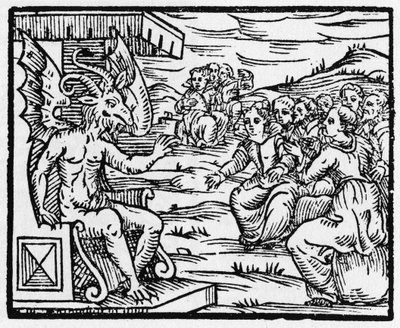 Satan oslovuje čaroděje - „Compendium Maleficarum“, pojednává o čarodějnicích, jejich zlu a jejich údělech od Francesca Maria Guazza nebo Guacca nebo Guaccius (15?? -16??) 1608 Soukromá sbírka od Anonymous Anonymous