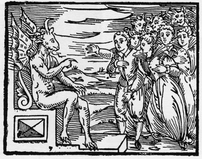 Satan požaduje pakt nových čarodějů - „Compendium Maleficarum“, pojednává o čarodějnicích, jejich zlu a jejich údělech od Francesca Maria Guazza nebo Guacca nebo Guaccia (15?? -16??) Soukromá sbírka 1608 od Anonymous Anonymous