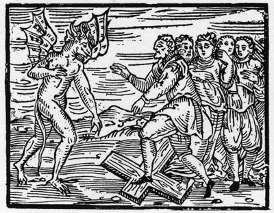 Satan nutí své budoucí učedníky kráčet po kříži – „Compendium Maleficarum“, pojednává o čarodějnicích, jejich zlu a jejich údělech od Francesca Maria Guazzo nebo Guaccia nebo Guaccius (15?? -16??) Soukromá sbírka 1608 od Anonymous Anonymous