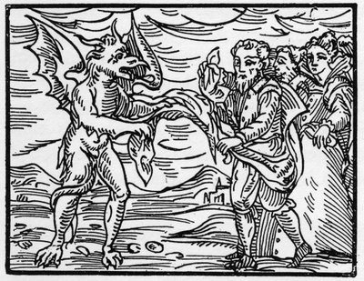 Satan svlékl čaroděje z oděvu – „Compendium Maleficarum“, pojednání o čarodějnicích, jejich zlu a jejich údělech od Francesca Maria Guazza nebo Guacca nebo Guaccius (15?? -16??) Soukromá sbírka 1608 od Anonymous Anonymous