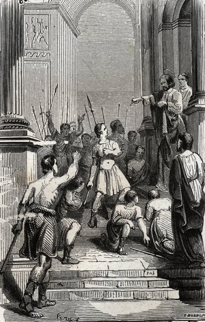 Saturnin z Toulouse (Saint Sernin, první křesťanský předvečer Toulouse) (3. století) se zastavil v hlavním městě Toulouse – rytina z roku 1846 v „Lives des saints““. Soukromá sbírka. od Anonymous Anonymous